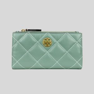 Tory Burch Willa Slim Quilted Envelope Green Leather Wallet
